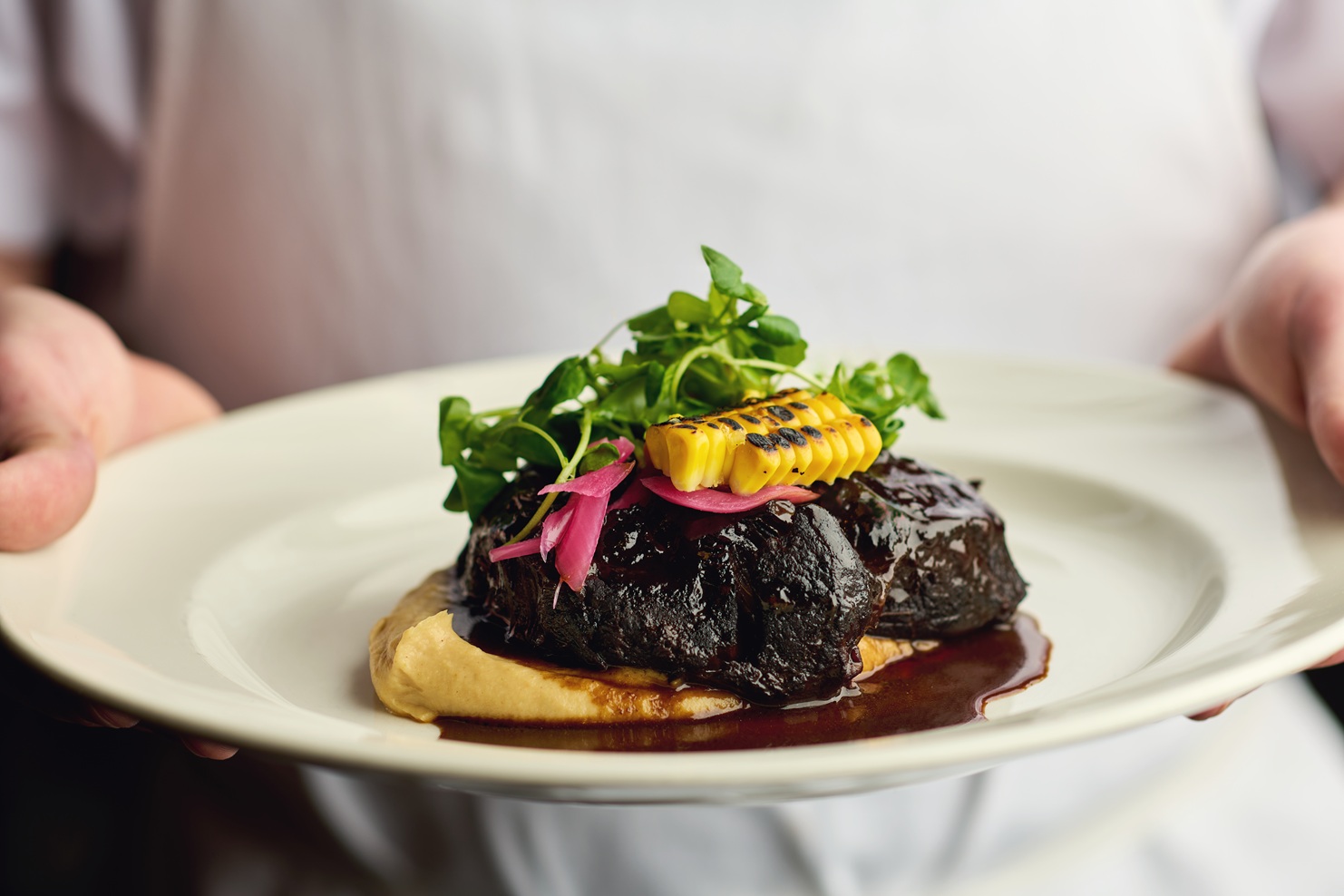 Braised Beef Cheek with Cauliflower, Pickled Onion & Corn